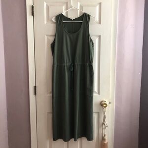 Eileen Fisher  Cotton Scoop Neck Dress Sleeveless Drawstring Waist Green L